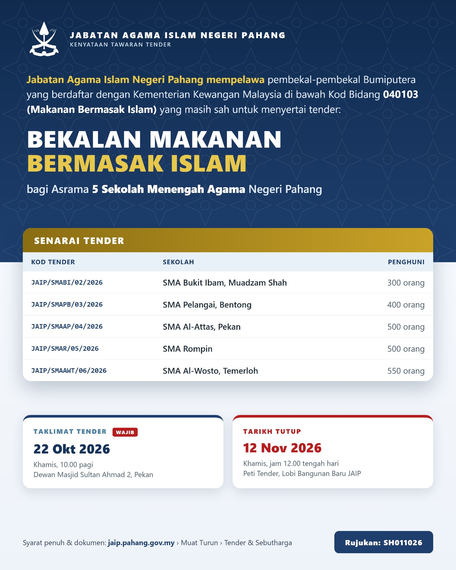 Tender Bekalan Makanan Bermasak Islam Asrama 5 SMA (SH011026)